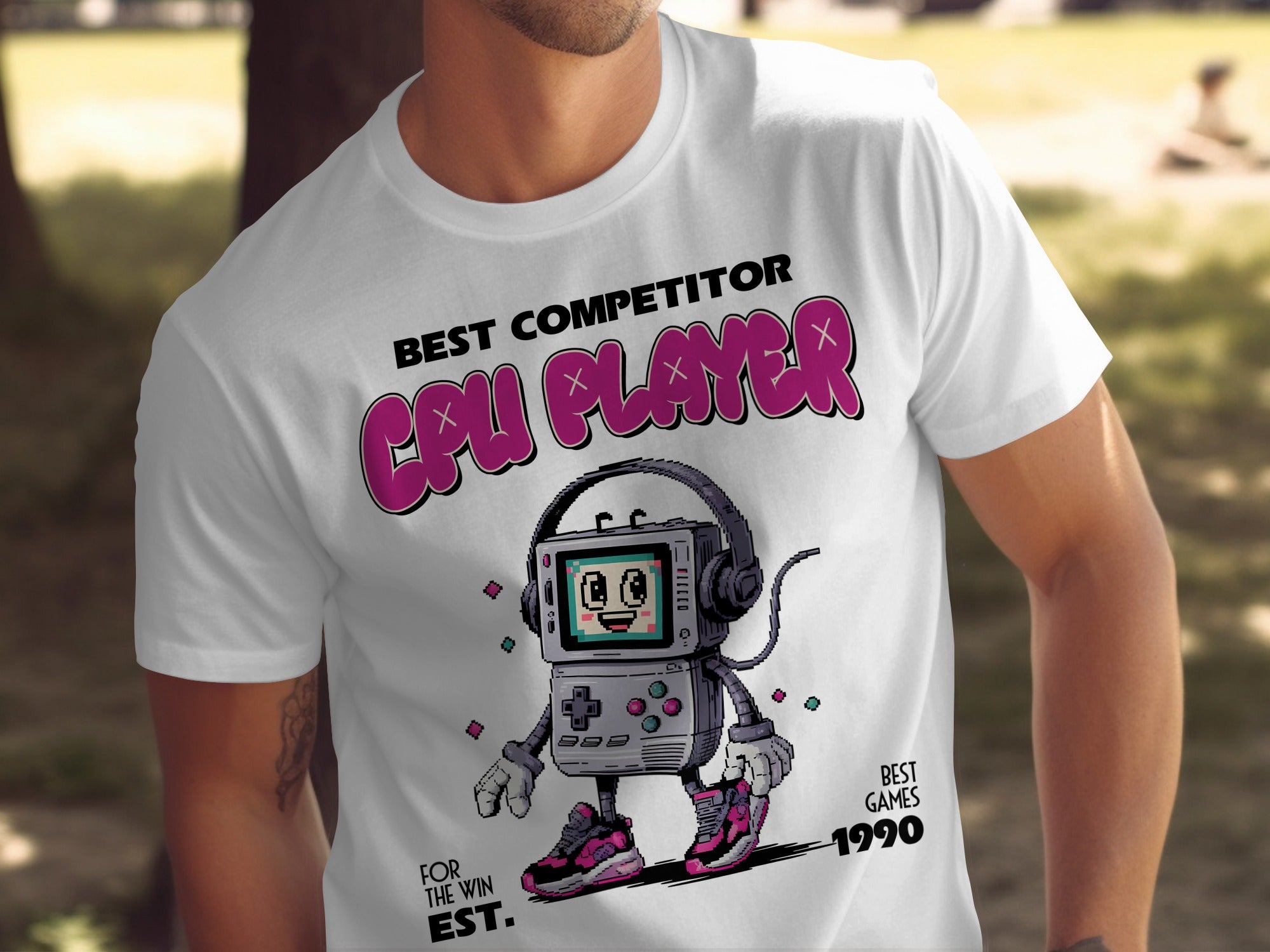 White t-shirt with "BEST COMPETITOR CPU PLAYER" and pixelated gaming character.