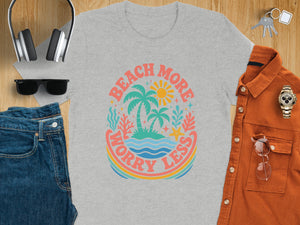 Gray t-shirt with "Beach More Worry Less" palm tree graphic and surrounding beach elements.