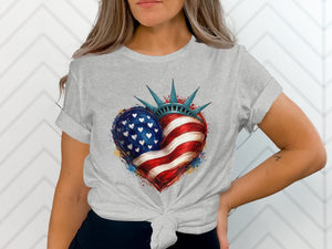 Gray t-shirt with a heart-shaped American flag and Statue of Liberty crown graphic.