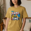 Yellow t-shirt with "Cool Game Time" text featuring video game controller and cartoon characters.