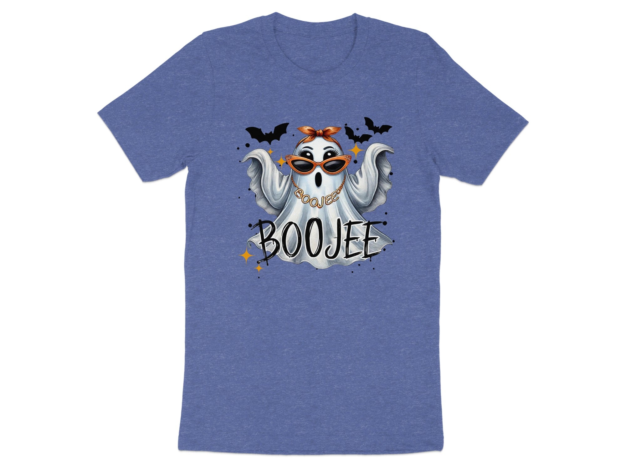 Ghost in sunglasses and bandana with bats and glitter, text "BOOJEE"