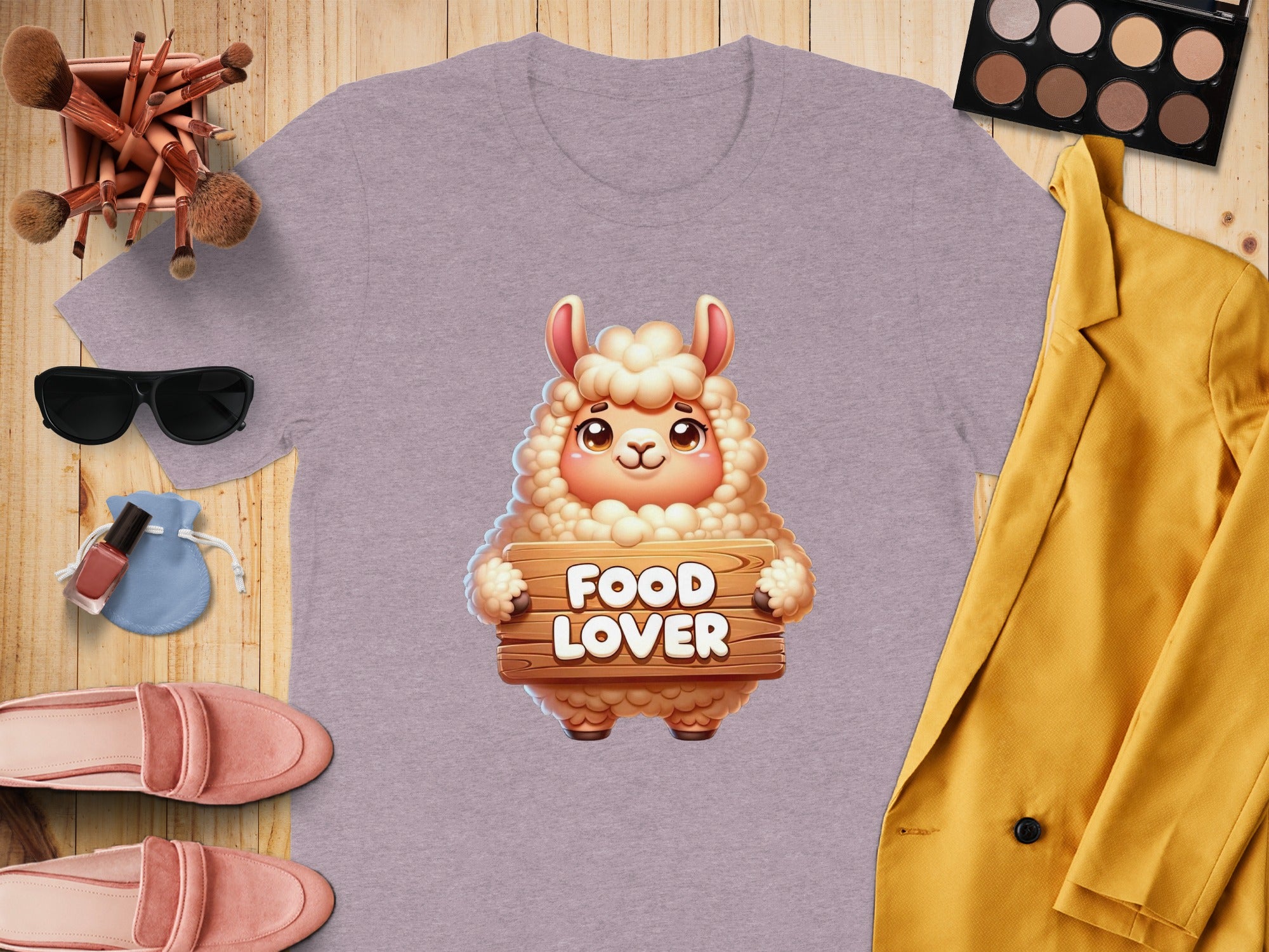Purple t-shirt with cartoon sheep holding "FOOD LOVER" sign.