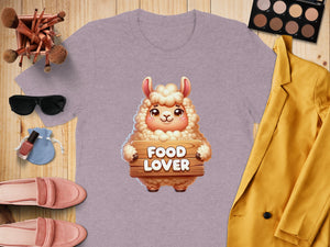 Purple t-shirt with cartoon sheep holding "FOOD LOVER" sign.