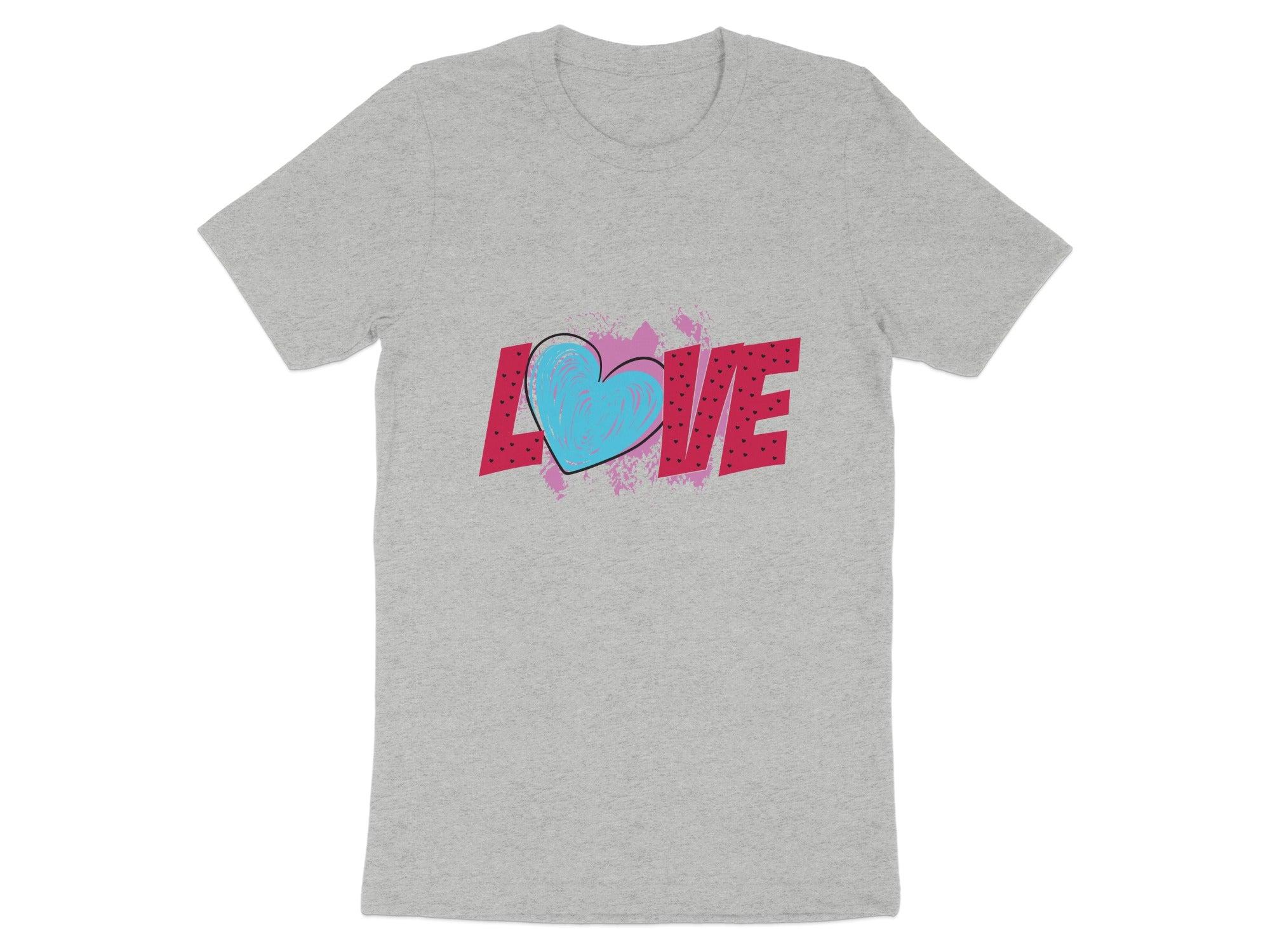 Grey t-shirt with pink and red "LOVE" text and a blue heart graphic.