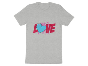 Grey t-shirt with pink and red "LOVE" text and a blue heart graphic.