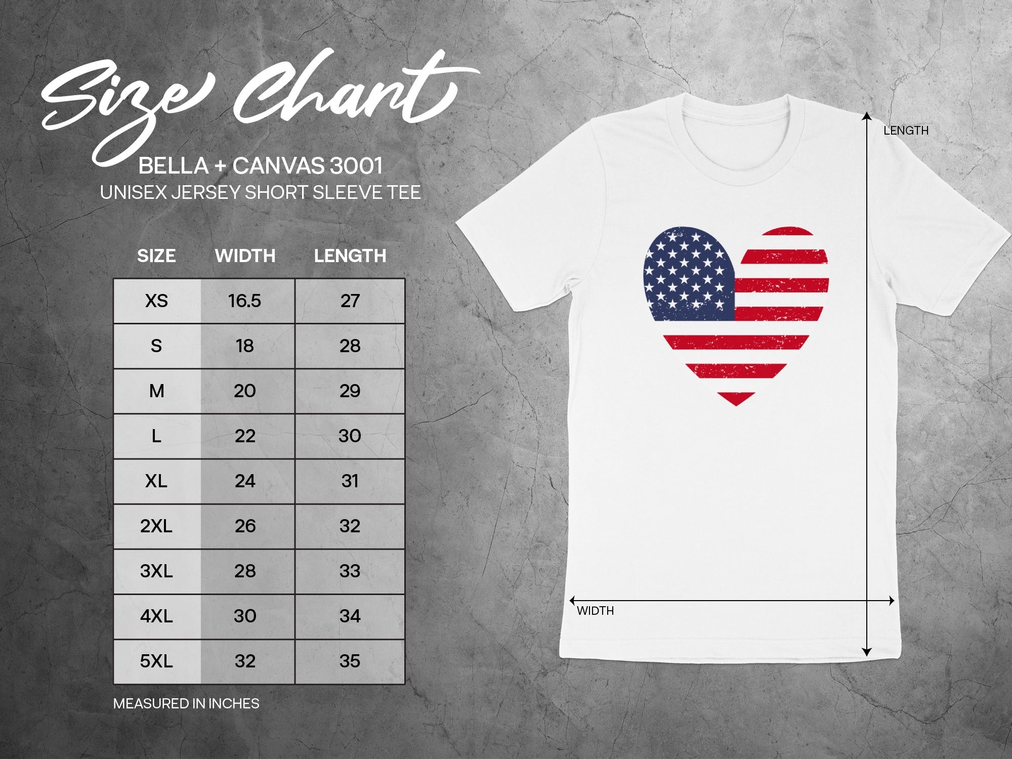 Bella + Canvas 3001 unisex tee size chart with width and length measurements in inches.