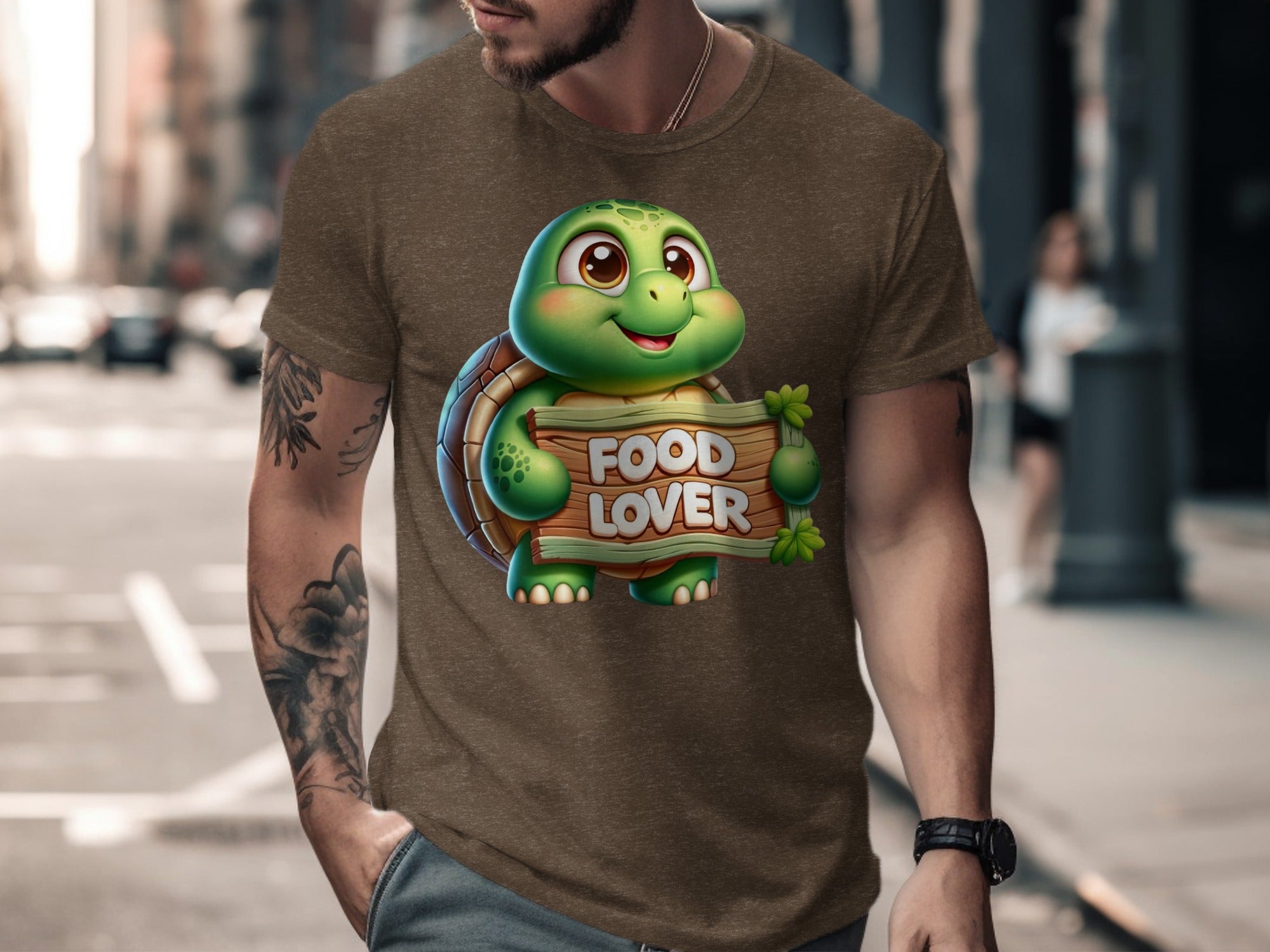 Cartoon turtle holding wooden sign that says "FOOD LOVER".