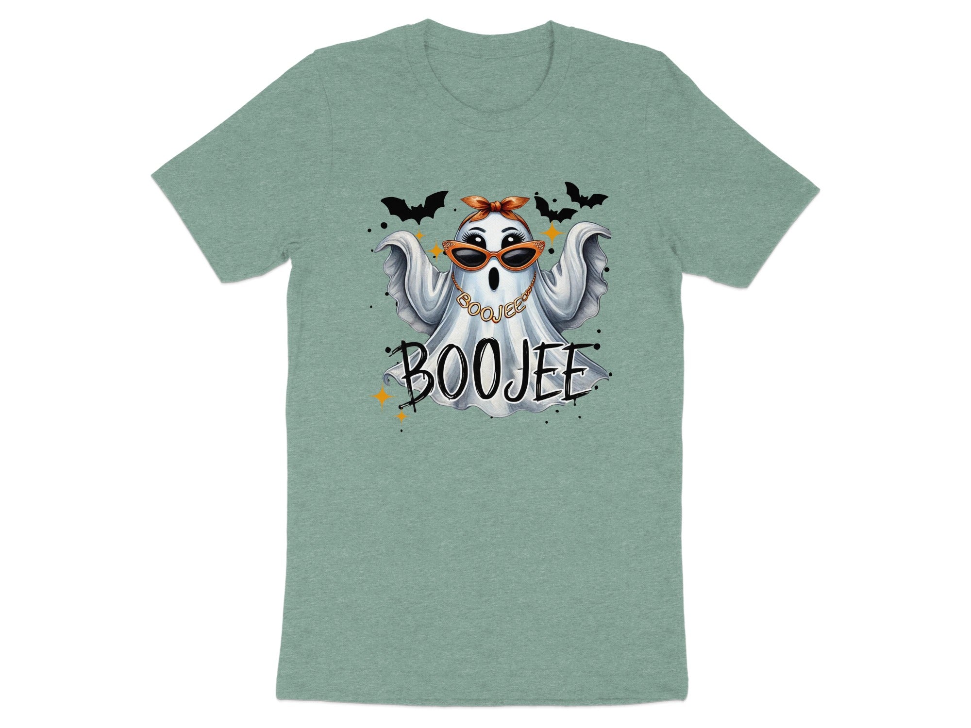 Ghost wearing sunglasses and bandana with "Boojee" text and bats.