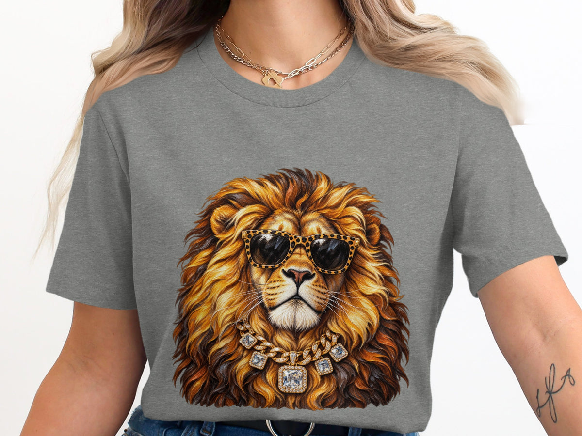 Lion with sunglasses and diamond necklace printed on a gray t-shirt.