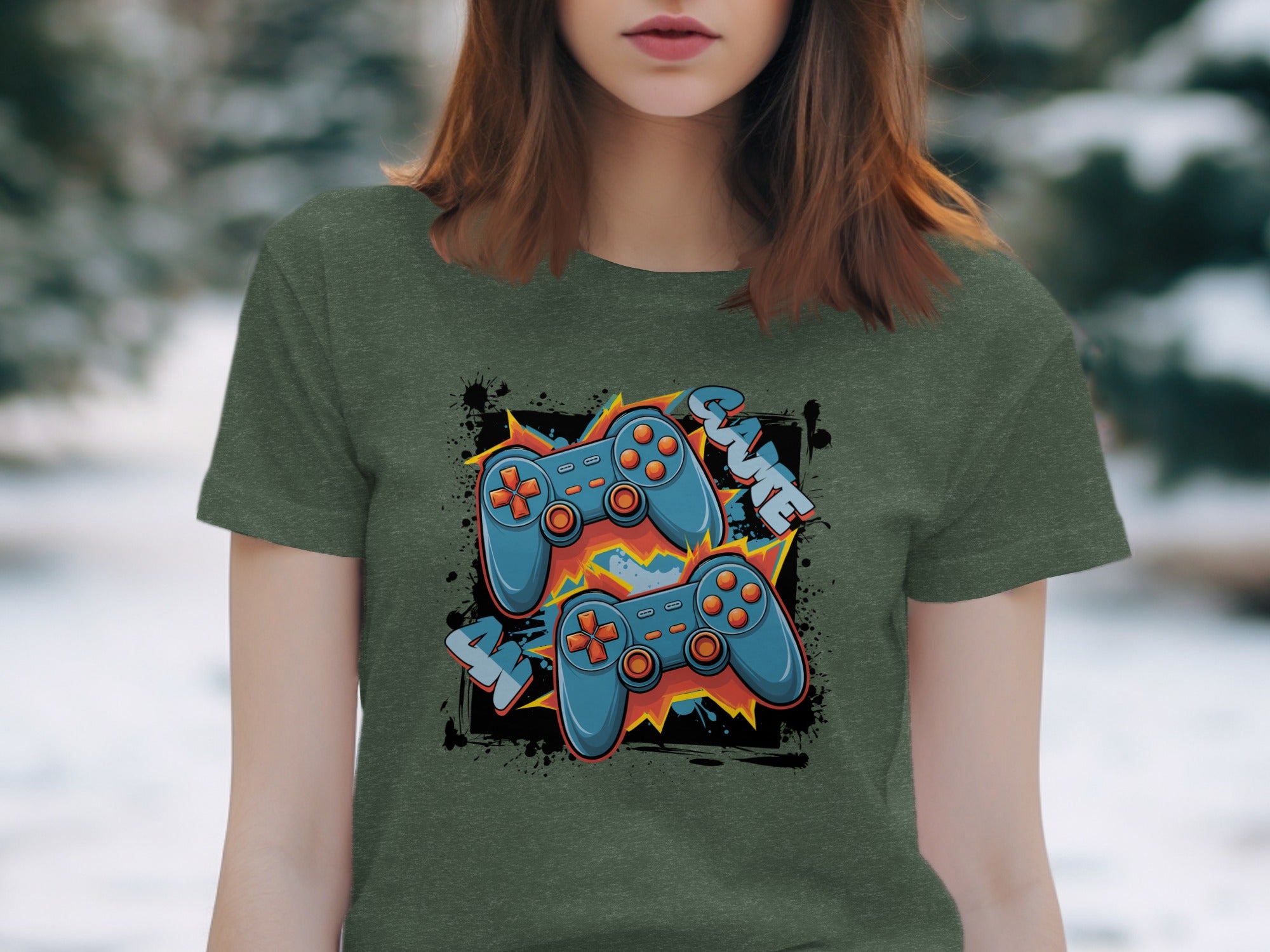Green t-shirt with graphic of two blue video game controllers and the word "GAME".