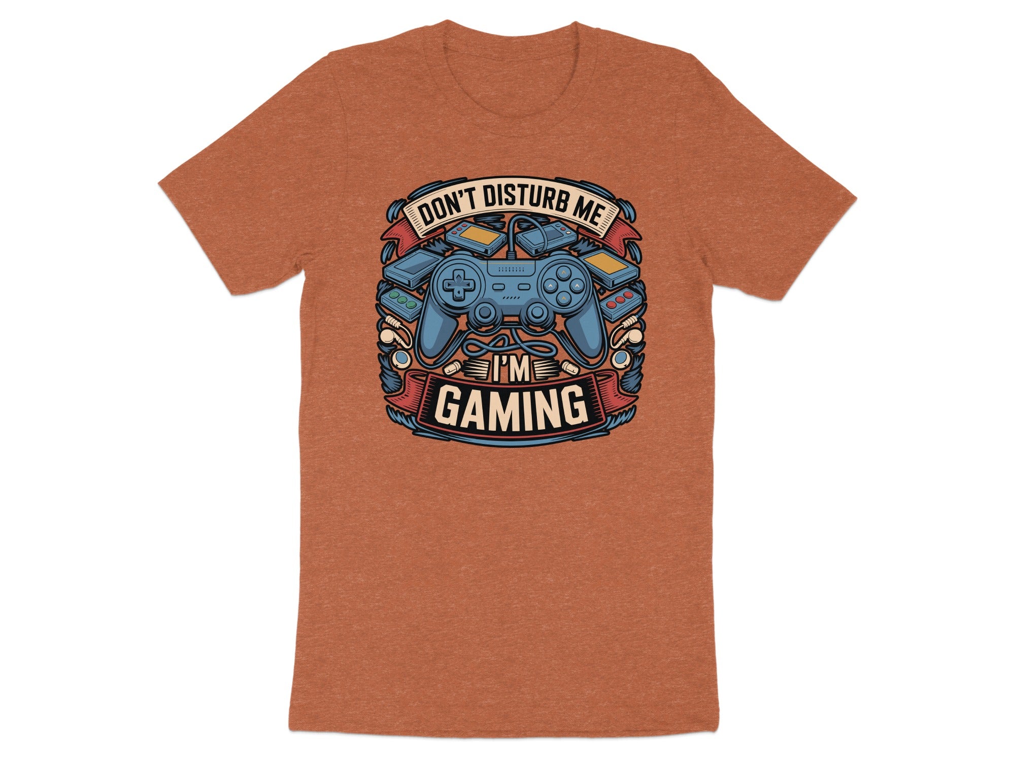 Orange t-shirt with "Don't Disturb Me I'm Gaming" graphic featuring a controller.