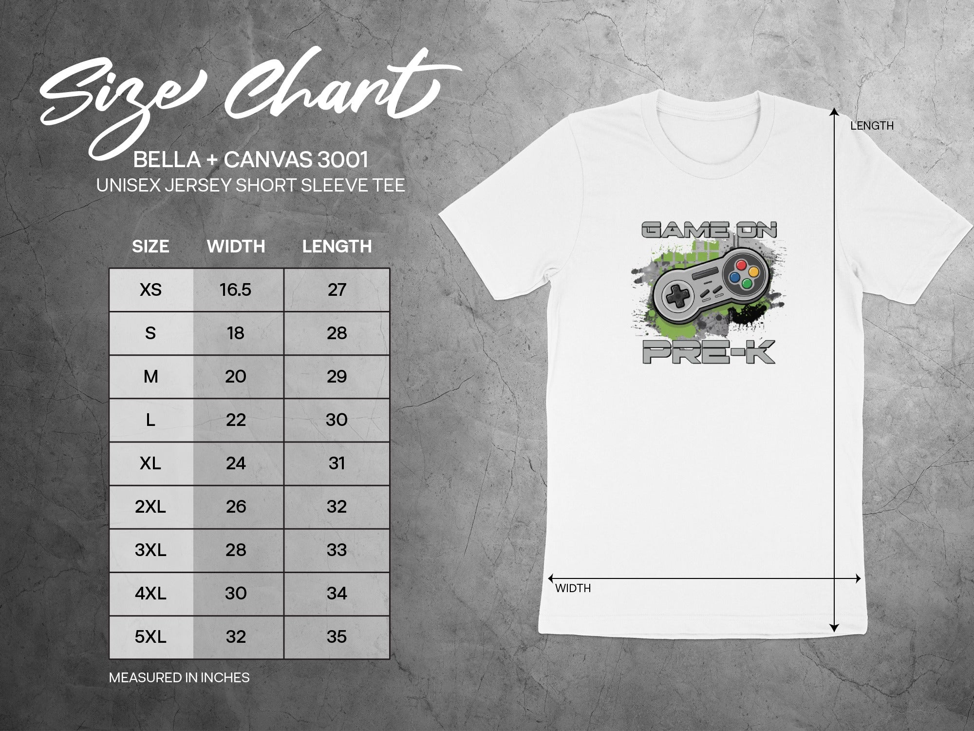 Size chart for BELLA + CANVAS 3001 unisex short sleeve tee with "Game On Pre-K" graphic.