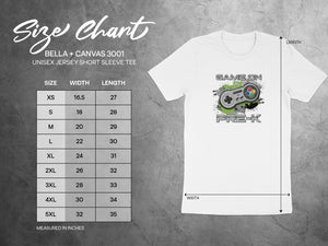 Size chart for BELLA + CANVAS 3001 unisex short sleeve tee with "Game On Pre-K" graphic.