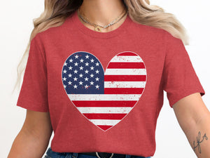 Red t-shirt with distressed American flag heart graphic on chest.