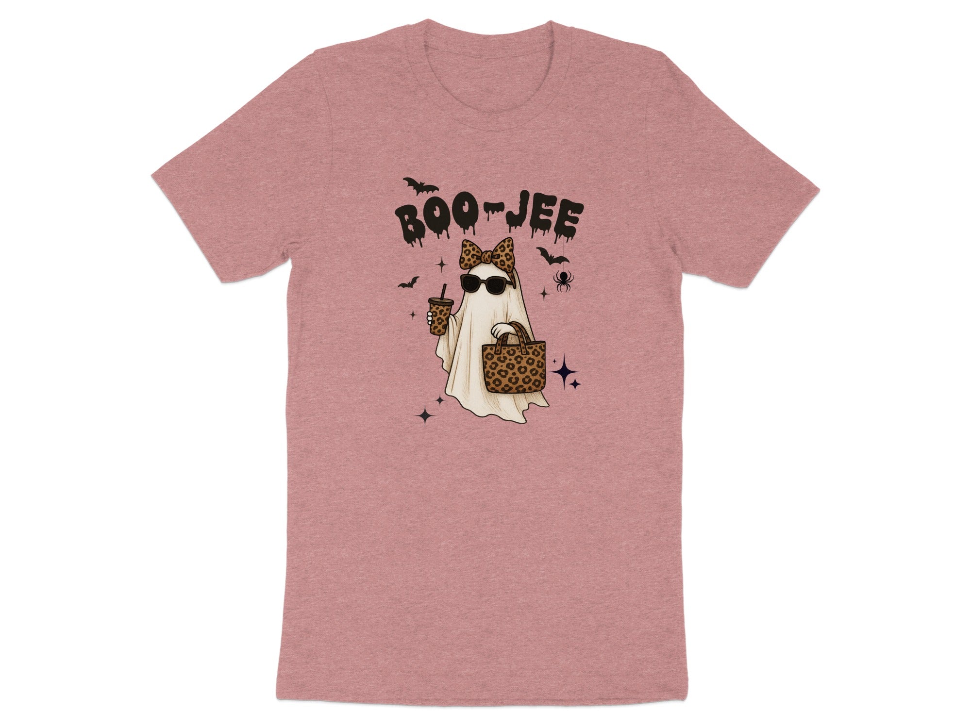Ghost with sunglasses, leopard bow, coffee, and purse, with "Boo-Jee" text.