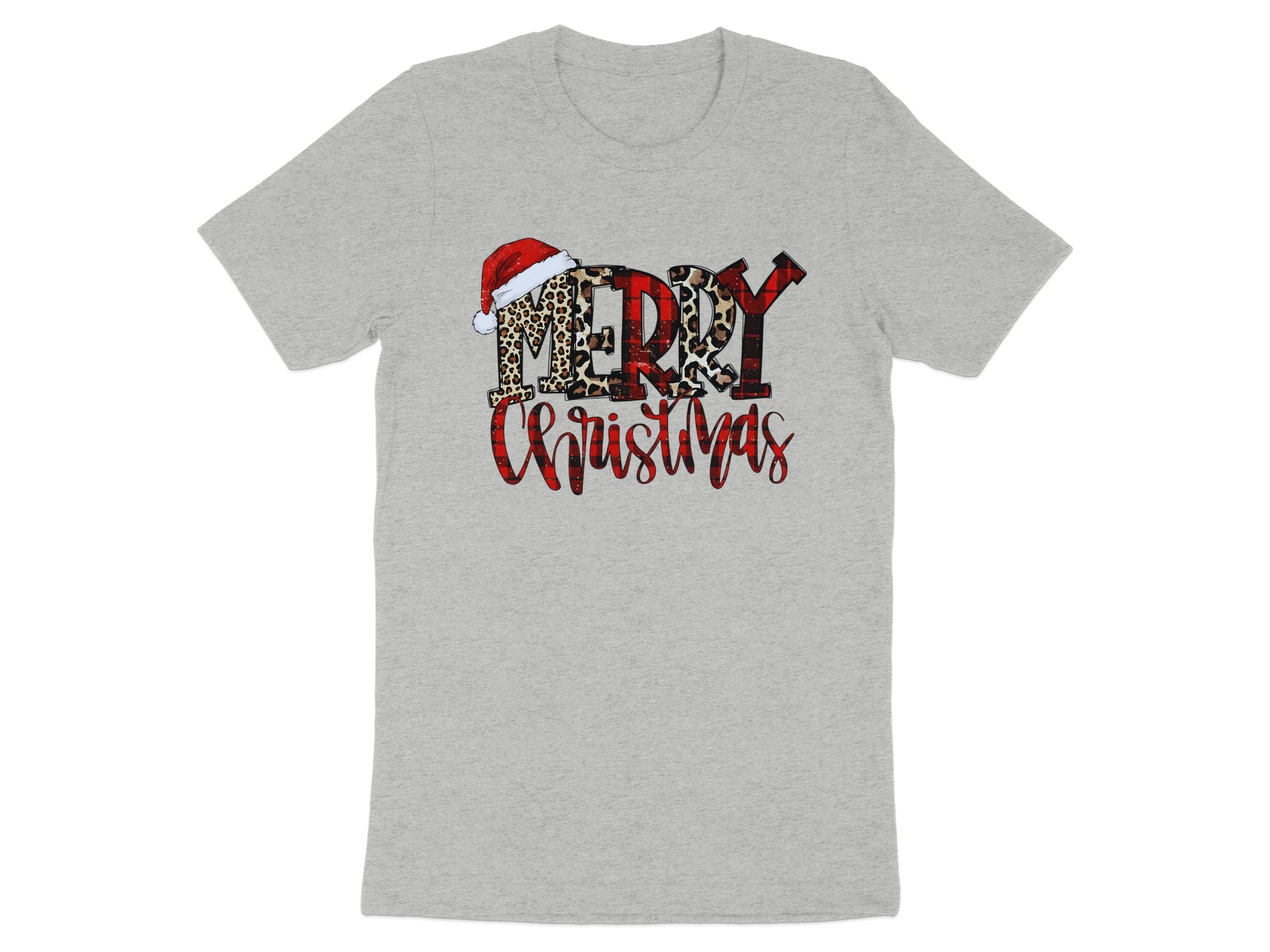 Gray t-shirt with "Merry Christmas" text featuring plaid and leopard patterns.
