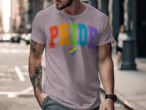 Purple t-shirt with rainbow "PRIDE" text and a rainbow heart.