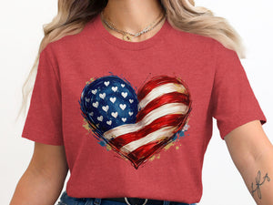 Red t-shirt with a heart-shaped American flag graphic and white hearts.