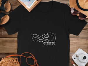 Black t-shirt with white stamped "SUMMER IS IN THE AIR" text and graphic.