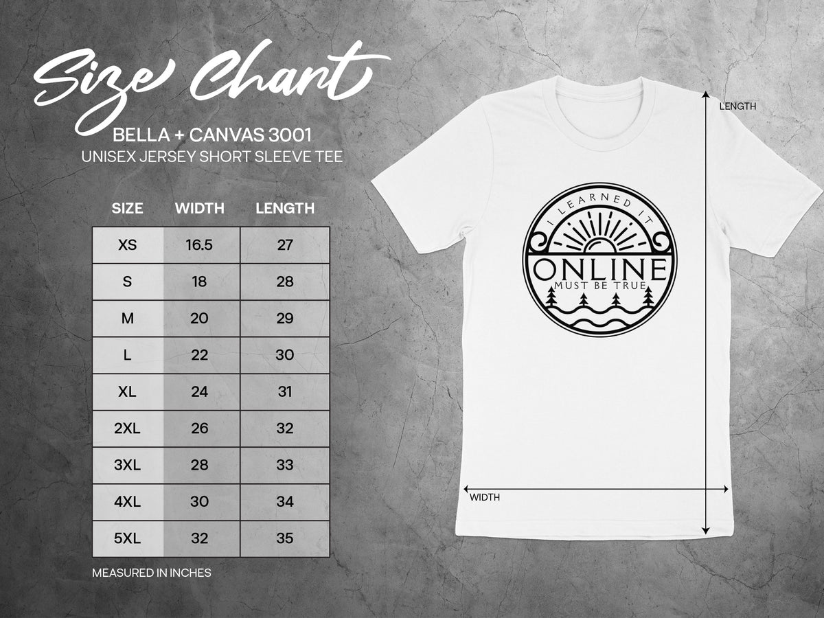 Bella + Canvas 3001 unisex tee size chart with width and length measurements in inches.