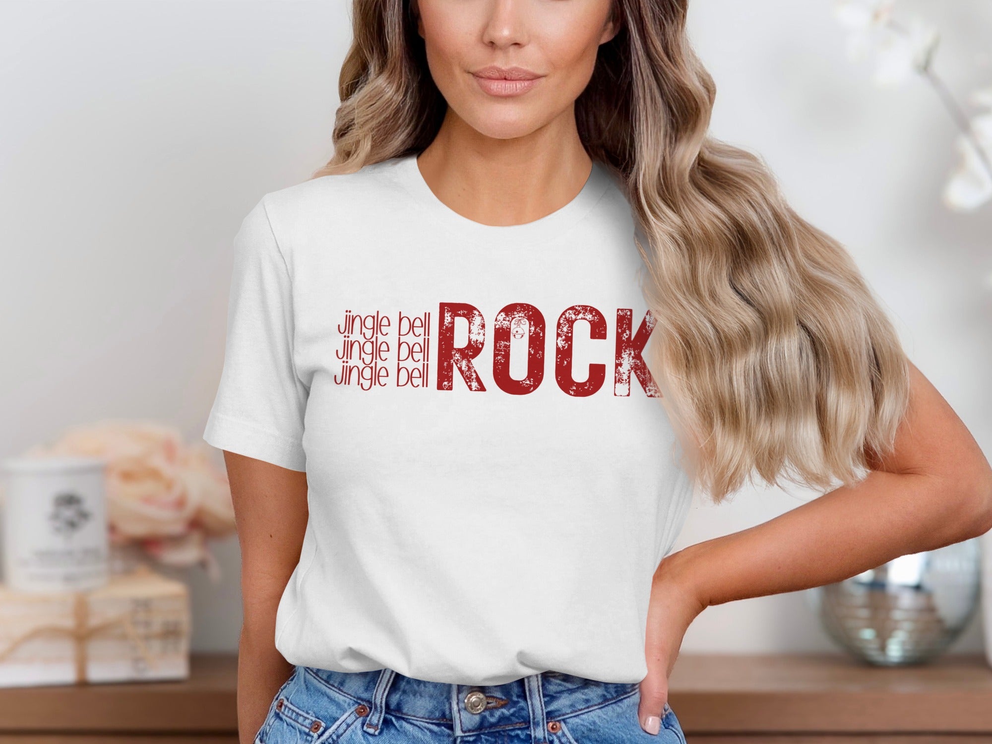 White t-shirt with red text "jingle bell jingle bell jingle bell ROCK".