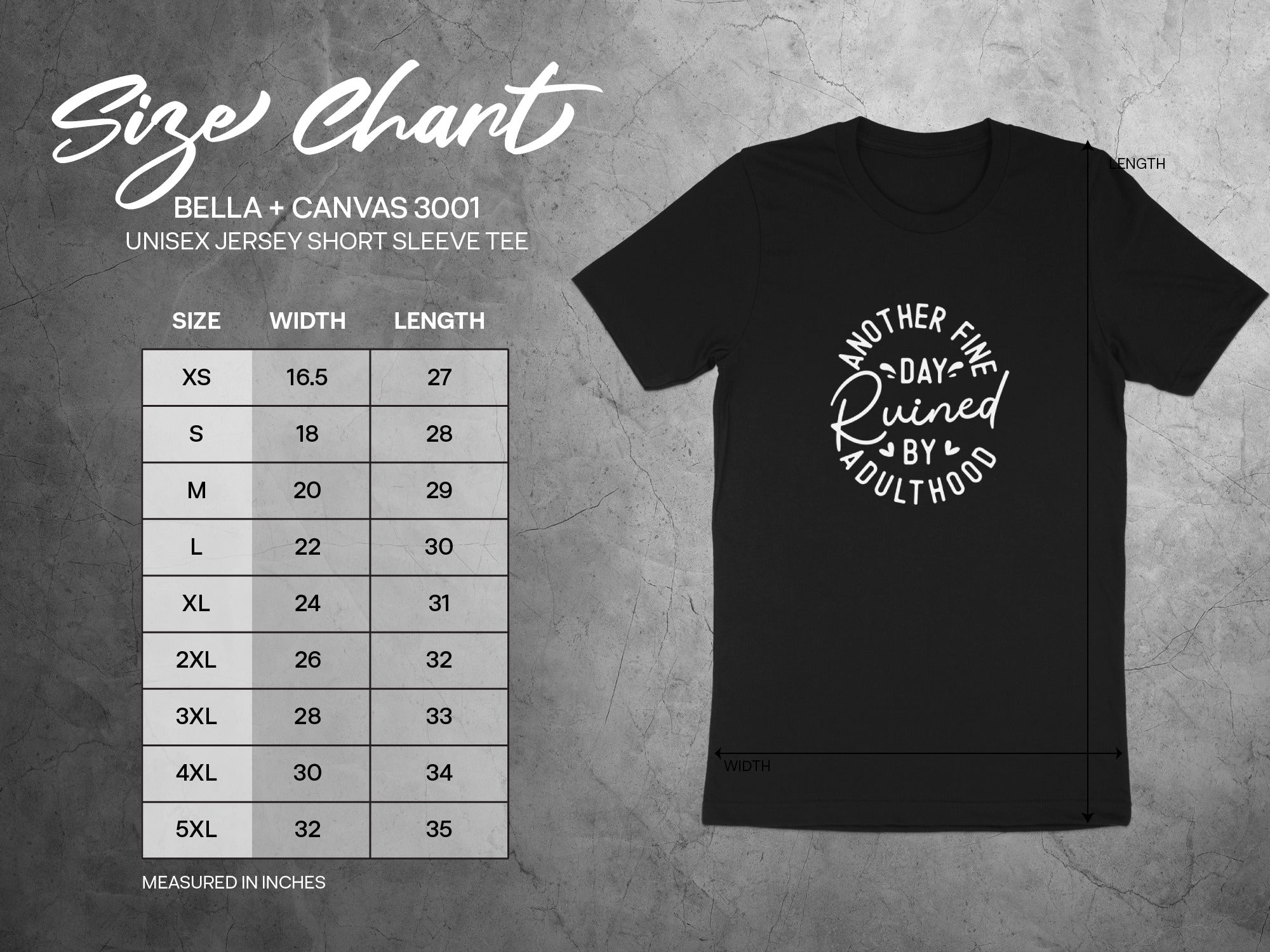 Bella + Canvas 3001 size chart for unisex short sleeve tee, measured in inches.