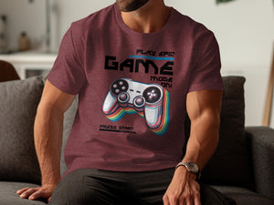 Maroon t-shirt with "PLAY EPIC GAME MODE ON!" and a colorful controller design.