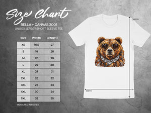 Bella + Canvas 3001 unisex tee size chart with bear graphic.