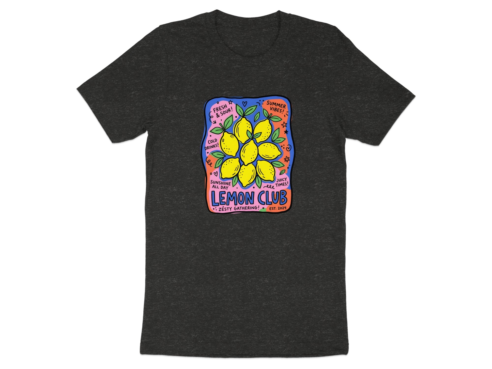 T-shirt featuring a colorful "Lemon Club" graphic with lemons, text, and summer vibes.