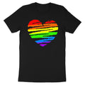 Black t-shirt with rainbow-colored textured heart graphic.