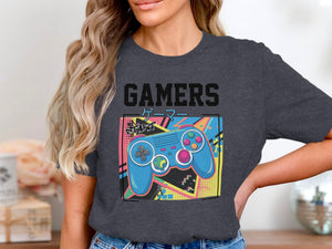 Gamers text above blue controller, Japanese text, and vibrant abstract geometric background.