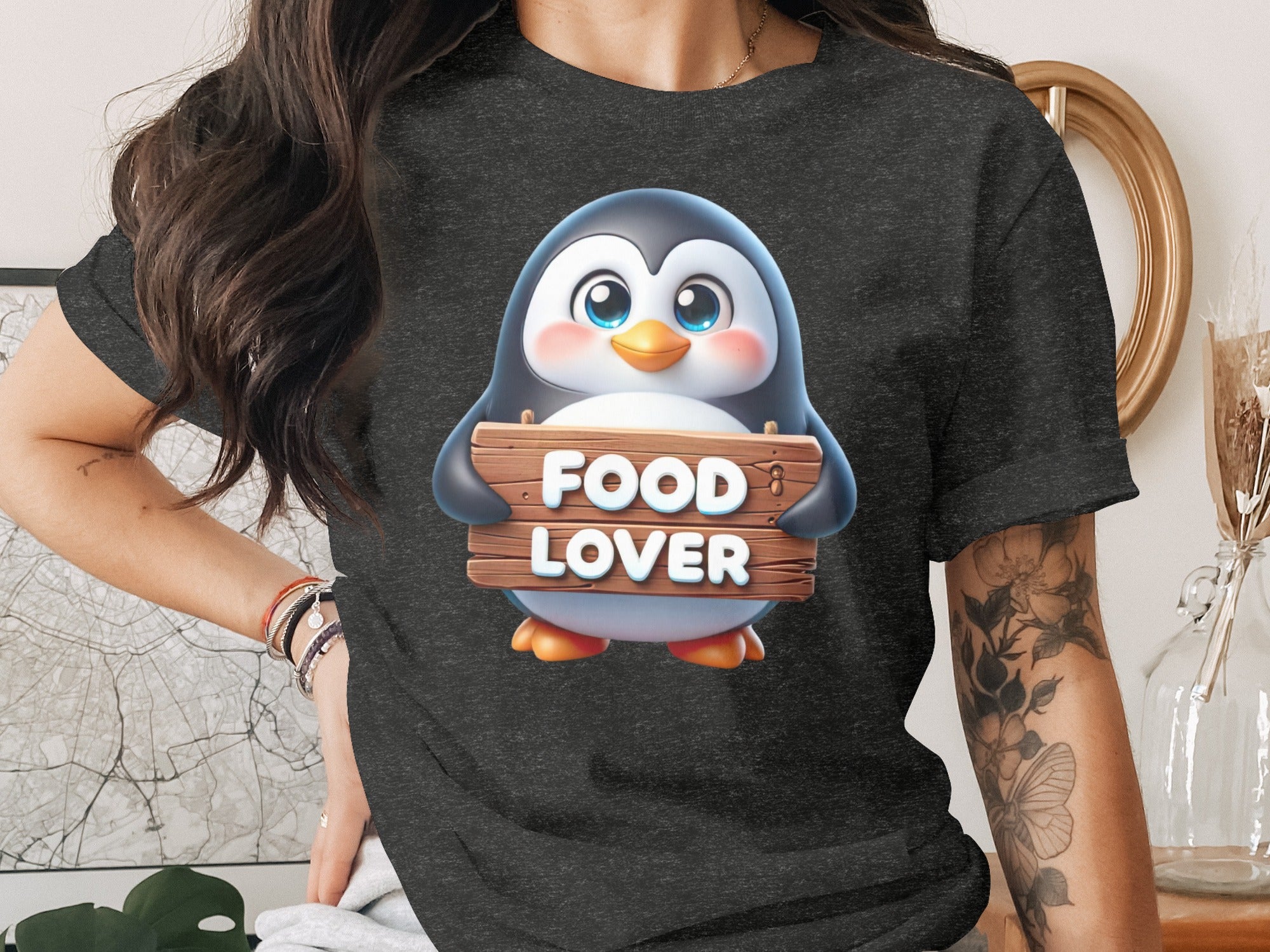 Cute penguin holding a wooden sign that says "FOOD LOVER".