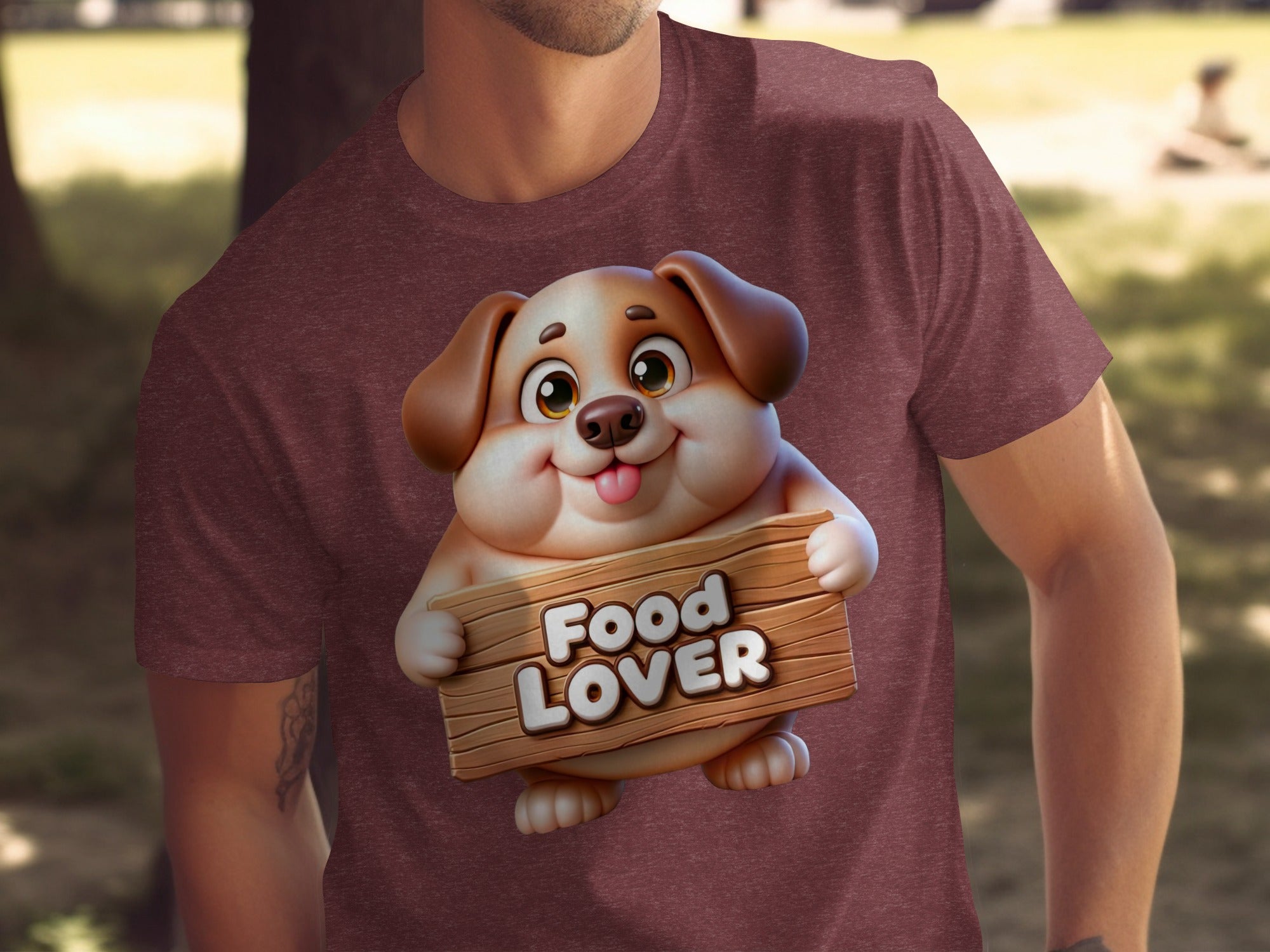 Cartoon dog holding a wooden sign that says "Food LOVER".