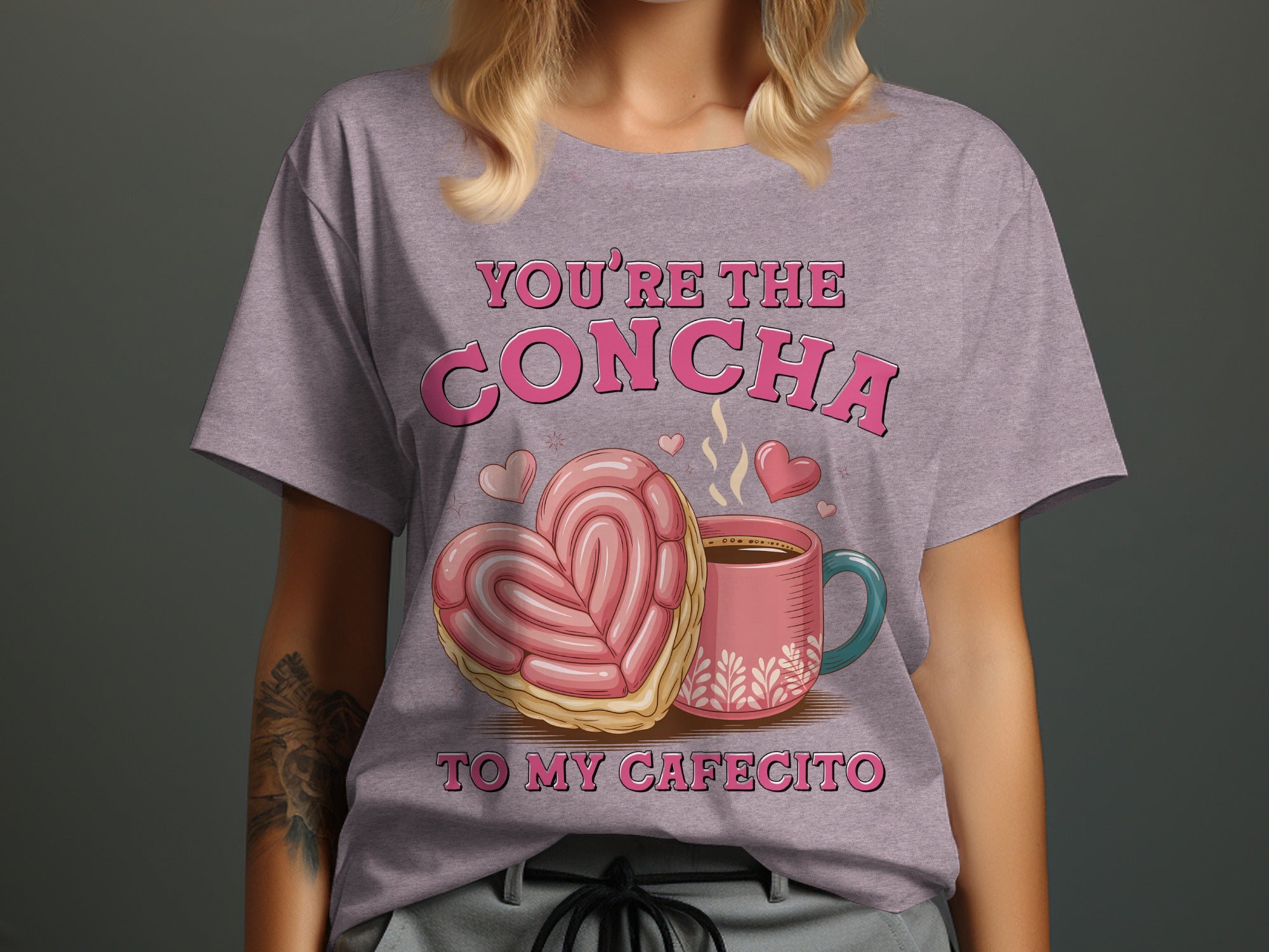 Pink concha and coffee cup graphic with text: You're the concha to my cafecito.