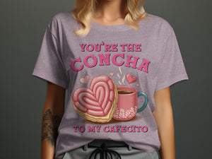 Pink concha and coffee cup graphic with text: You're the concha to my cafecito.