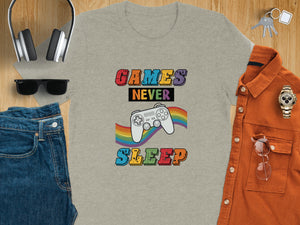 Grey t-shirt with 'GAMES NEVER SLEEP' text, a gamepad, and rainbow graphic.