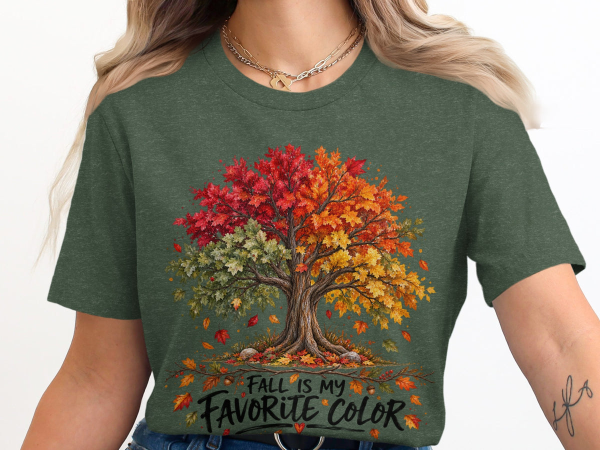 T-shirt with a fall-colored tree and text: "Fall is my favorite color."