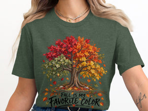 T-shirt with a fall-colored tree and text: "Fall is my favorite color."