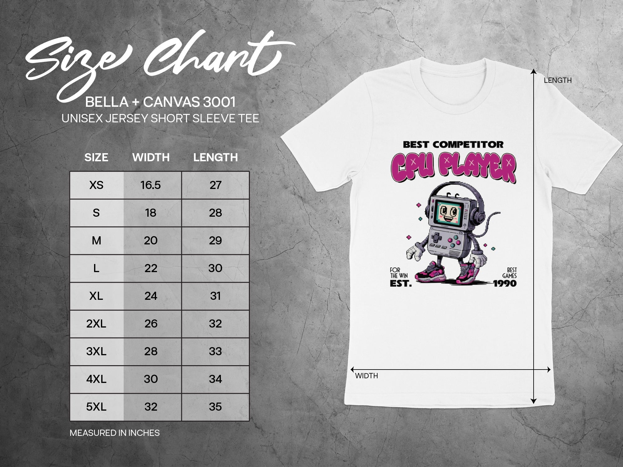 BELLA + CANVAS 3001 unisex short sleeve tee size chart with width and length measurements.