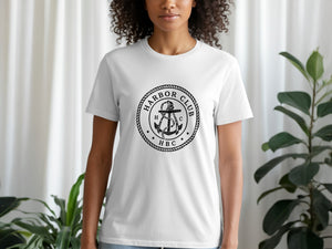 White t-shirt with black anchor and "Harbor Club HBC" logo on chest.