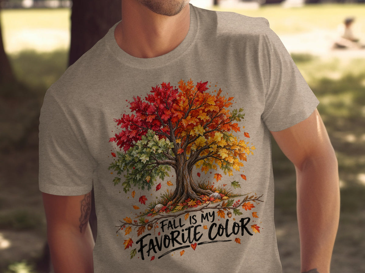 Gray t-shirt with a colorful autumn tree and text "Fall is my favorite color".
