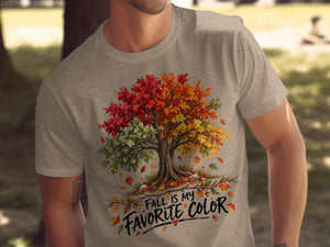 Gray t-shirt with a colorful autumn tree and text "Fall is my favorite color".
