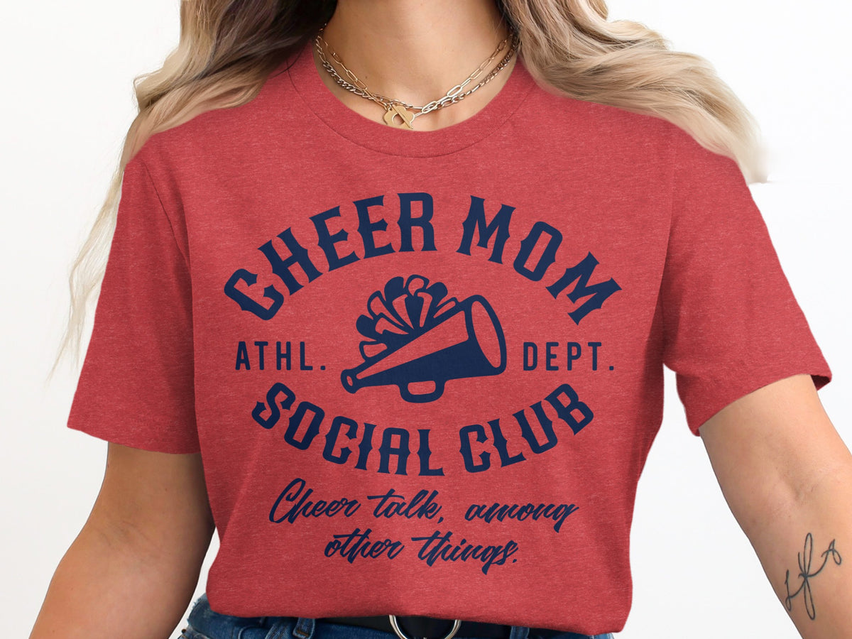 Red t-shirt with "Cheer Mom Social Club" text and megaphone graphic.