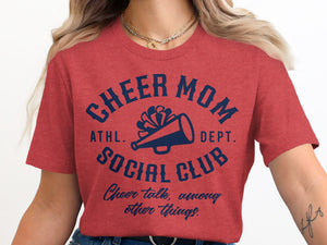 Red t-shirt with "Cheer Mom Social Club" text and megaphone graphic.