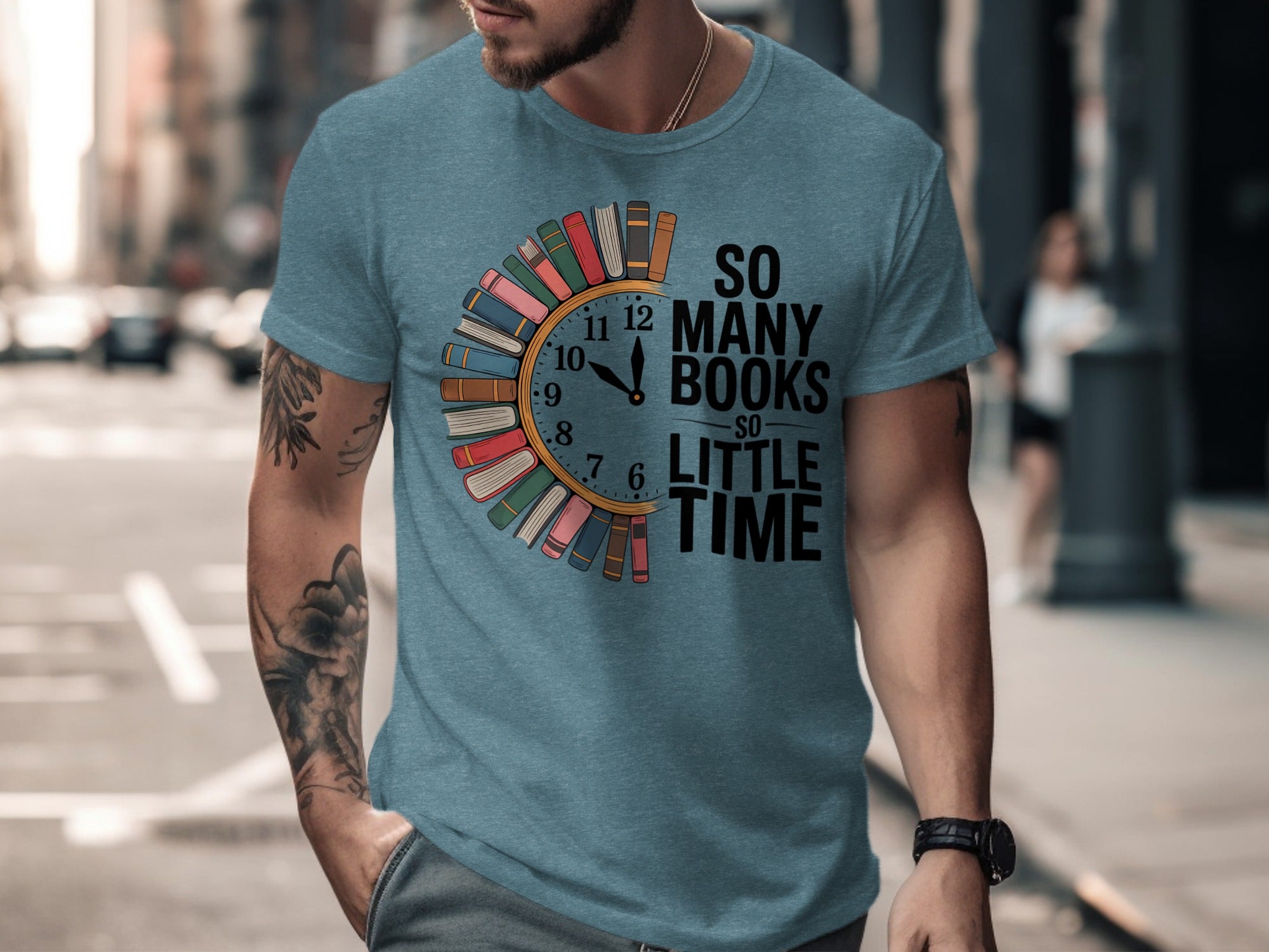 T-shirt with clock made of books and "So Many Books So Little Time" text.