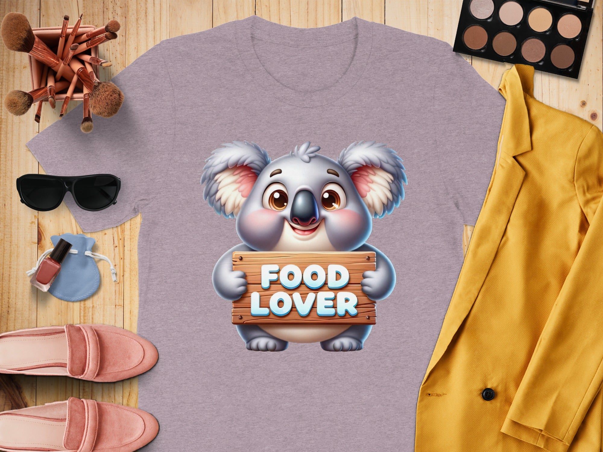 Purple t-shirt with a cartoon koala holding a "FOOD LOVER" sign.