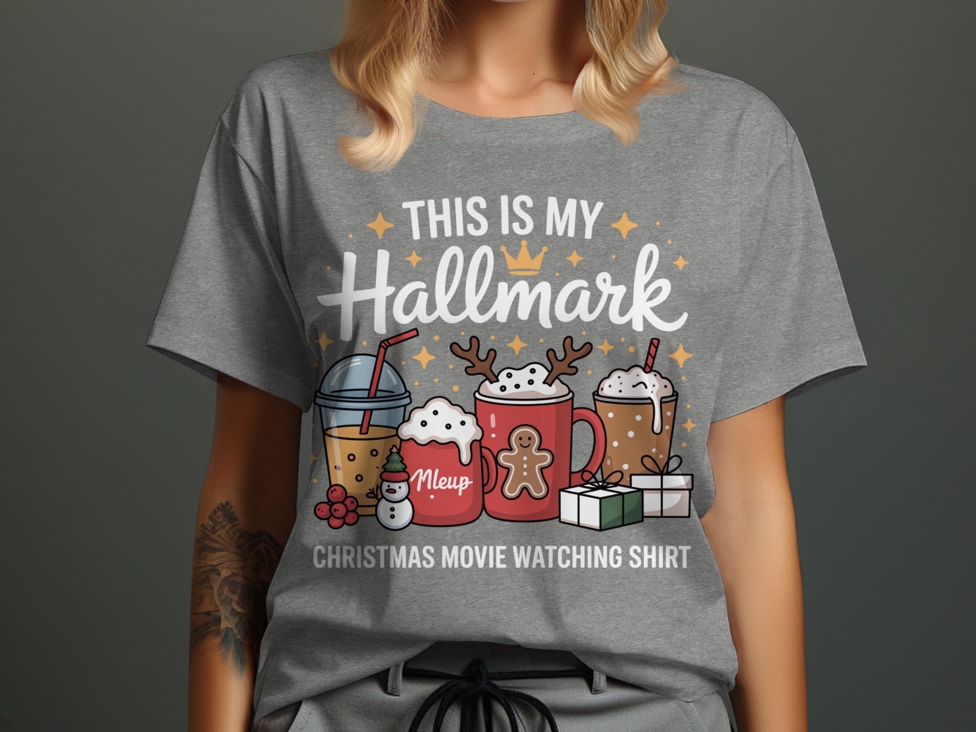 "This is my Hallmark Christmas Movie Watching Shirt" graphic on gray t-shirt.