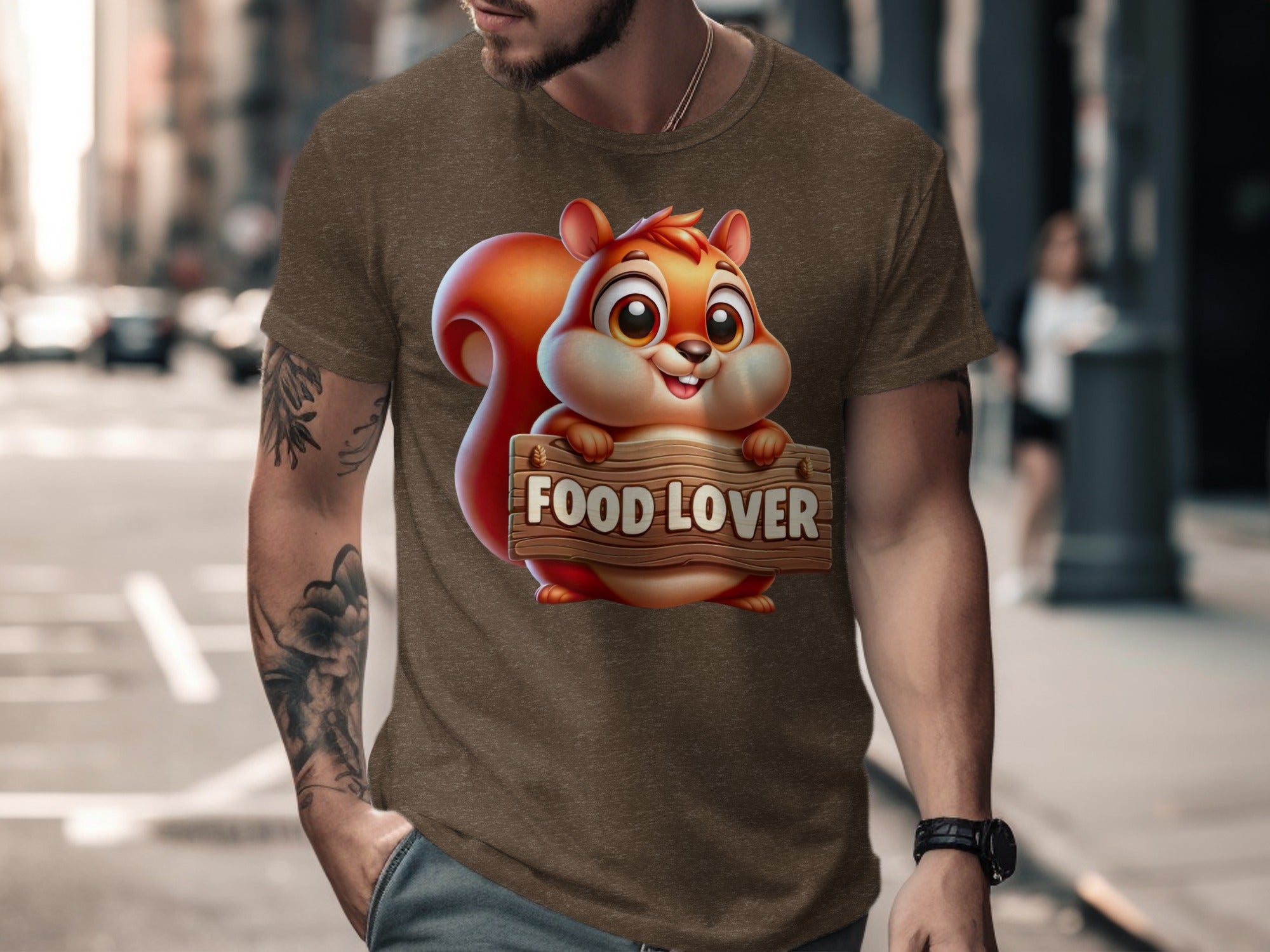 Brown t-shirt with a cartoon squirrel holding a "FOOD LOVER" sign.