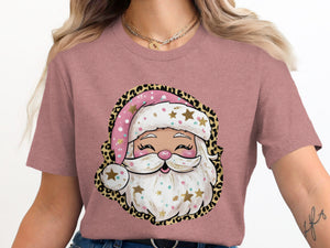 Pink t-shirt with a graphic of Santa Claus with a leopard print border.