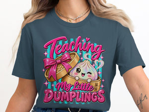 Cute dumpling winks from bamboo steamer, text "Teaching My Little Dumplings."
